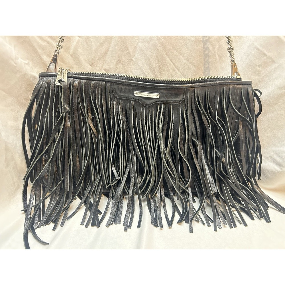 Rebecca Minkoff Fringe Black Crossbody Hippie Boho Leather Bag Purse Chain Strap